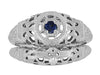 Art Deco 1920's Low Dome Filigree Blue Sapphire Ring in White Gold