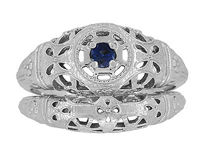 Art Deco 1920's Low Dome Filigree Blue Sapphire Ring in White Gold - Item: R335 - Image: 8