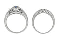 Art Deco 1920's Low Dome Filigree Blue Sapphire Ring in White Gold