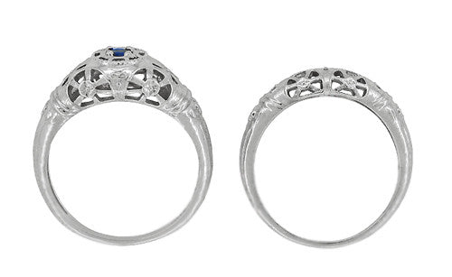 Art Deco 1920's Low Dome Filigree Blue Sapphire Ring in White Gold - Item: R335 - Image: 9