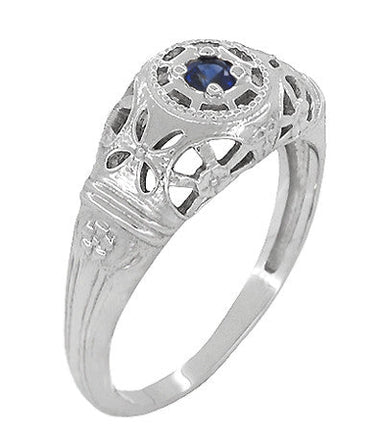 Art Deco 1920's Low Dome Filigree Blue Sapphire Ring in White Gold - alternate view