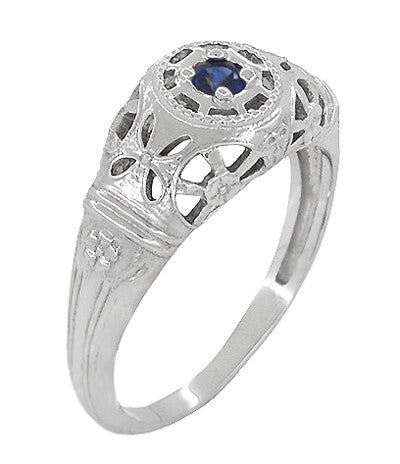 Art Deco 1920's Low Dome Filigree Blue Sapphire Ring in White Gold - Item: R335 - Image: 2