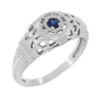 Art Deco 1920's Low Dome Filigree Blue Sapphire Ring in White Gold