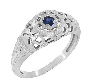 Art Deco 1920's Low Dome Filigree Blue Sapphire Ring in White Gold