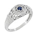 Art Deco 1920's Low Dome Filigree Blue Sapphire Ring in White Gold