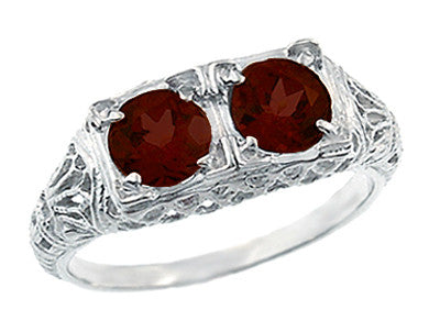 Art Deco Almandite Garnet Duo Filigree Ring in 14 Karat White Gold
