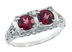 Art Deco Rhodolite Garnet Duo Filigree Ring in 14 Karat White Gold