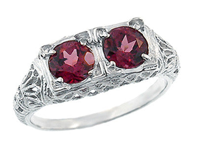 Art Deco Rhodolite Garnet Duo Filigree Ring in 14 Karat White Gold