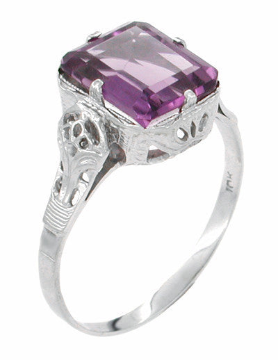 Art Deco Emerald Cut Antique Amethyst Filigree Ring in 10 Karat White Gold - Item: R340 - Image: 2