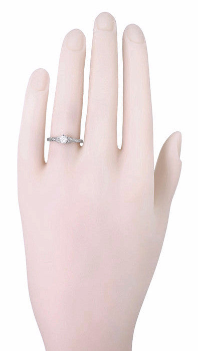 Art Deco Filigree Flowers and Wheat 1/4 Carat Diamond Engraved Engagement Ring in White Gold - Item: R356W25D14-LC - Image: 3