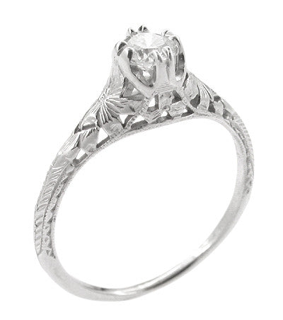 Art Deco Filigree Flowers and Wheat 1/4 Carat Diamond Engraved Engagement Ring in White Gold