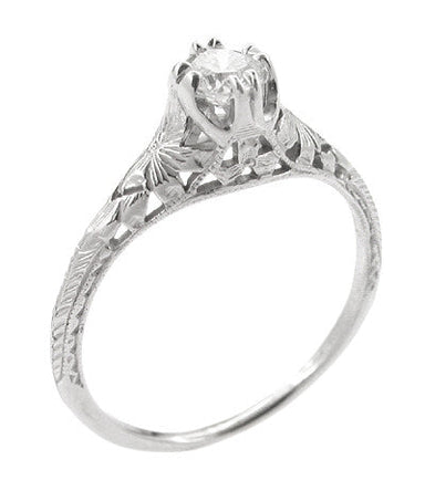 Platinum Art Deco Filigree Flowers and Wheat Engraved 0.36 Carat Diamond Solitaire Engagement Ring