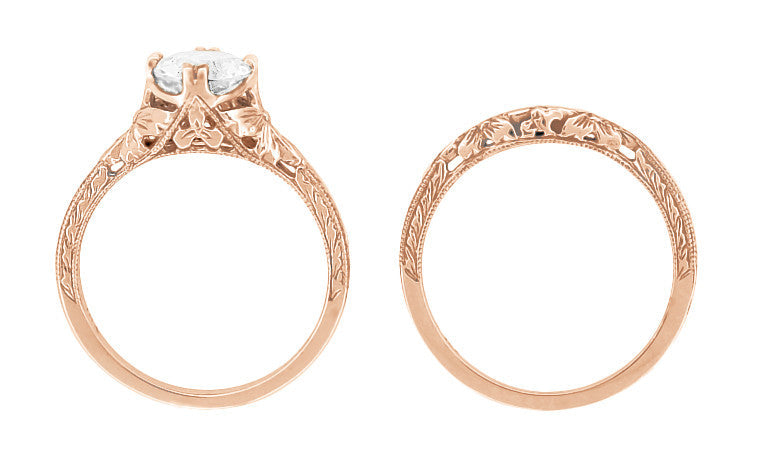 Art Deco 3/4 Carat Vintage Engraved Engagement Ring Mounting with Filigree Flowers for a 6mm Round Stone in 14 Karat Rose Gold - Item: R356R75 - Image: 3