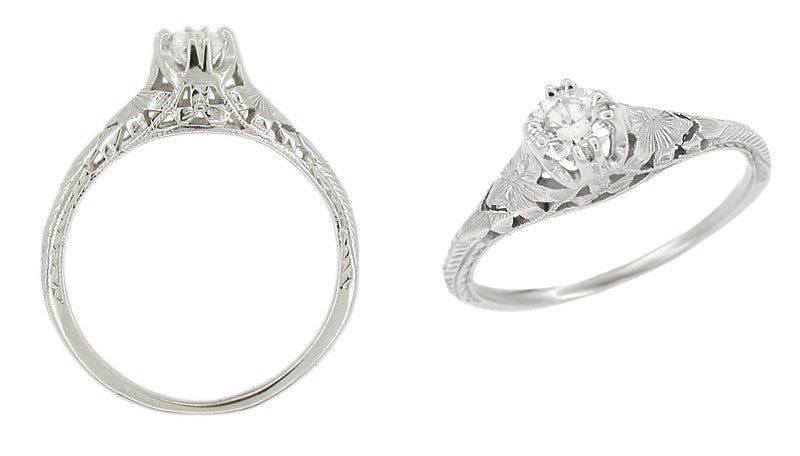 4.5mm Art Deco Filigree Flowers and Wheat 1/3 Carat Vintage Engraved Engagement Ring Setting in 18 or 14 Karat White Gold - Item: R356W14K33 - Image: 2