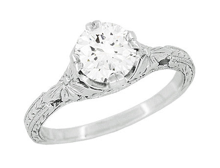 Filigree Flowers Hand Carved Antique 3/4 Carat Solitaire Engagement Ring Mounting for a 6mm Round Stone in White Gold - R356W75