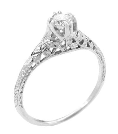 Art Deco Filigree Flowers and Engraved Wheat 1/3 Carat Solitaire Diamond Engagement Ring in White Gold - alternate view