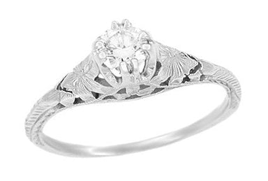 Art Deco Filigree Flowers and Engraved Wheat 1/3 Carat Solitaire Diamond Engagement Ring in White Gold