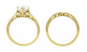 Art Deco Yellow Gold Filigree Vintage Wedding Ring Set Solitaire Engagement and Carved Wedding Band - 6mm - R356Y