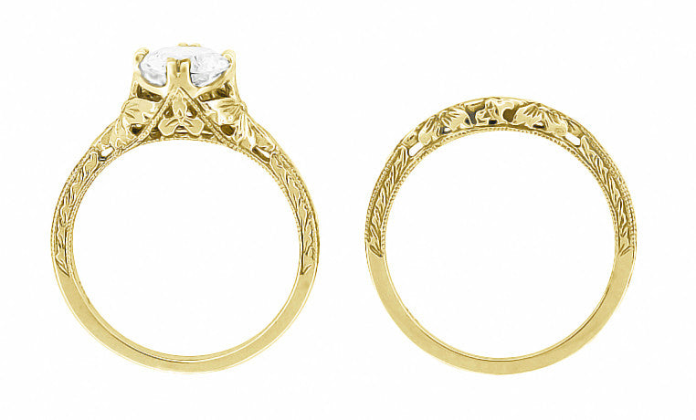 Art Deco Yellow Gold Filigree Vintage Wedding Ring Set Solitaire Engagement and Carved Wedding Band - 6mm - R356Y