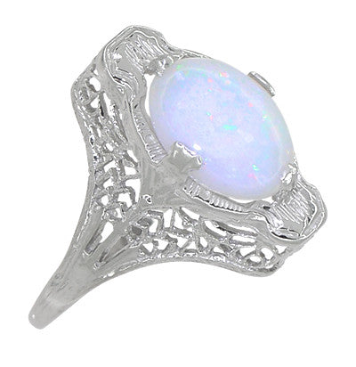 White Opal Filigree Ring in 14 Karat White Gold - Art Deco - Item: R360 - Image: 5