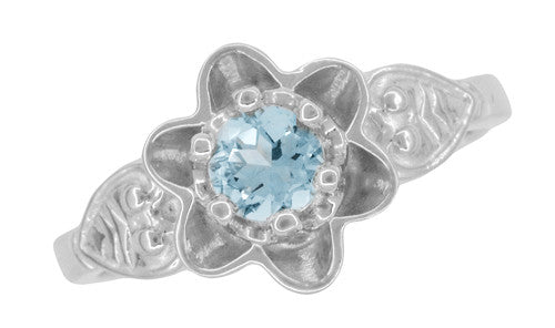 Flowers and Leaves Solitaire Aquamarine Engagement Ring in White Gold - Item: R373WA10K - Image: 6
