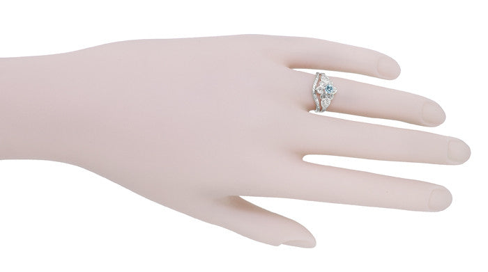 Flowers and Leaves Solitaire Aquamarine Engagement Ring in White Gold - Item: R373WA10K - Image: 8