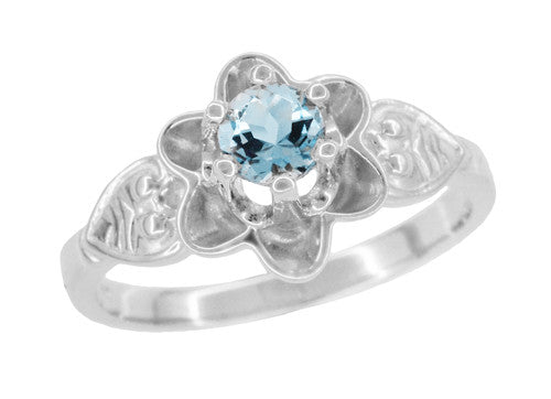 Flowers and Leaves Solitaire Aquamarine Engagement Ring in White Gold