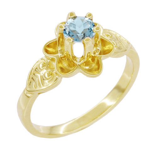 Victorian Flowers Solitaire Aquamarine Birthstone Engagement Ring in Yellow Gold - Item: R373YA10K - Image: 3