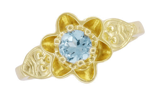 Victorian Flowers Solitaire Aquamarine Birthstone Engagement Ring in Yellow Gold - Item: R373YA10K - Image: 6