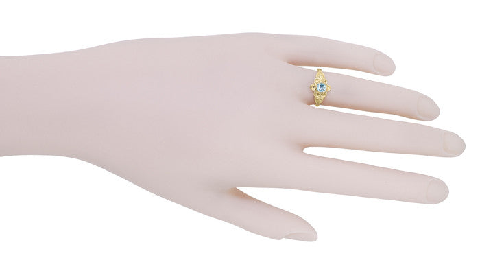 Victorian Flowers Solitaire Aquamarine Birthstone Engagement Ring in Yellow Gold - Item: R373YA10K - Image: 7