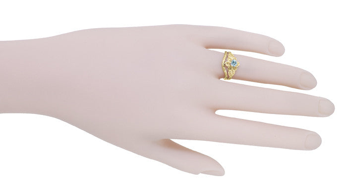 Victorian Flowers Solitaire Aquamarine Birthstone Engagement Ring in Yellow Gold - Item: R373YA10K - Image: 8