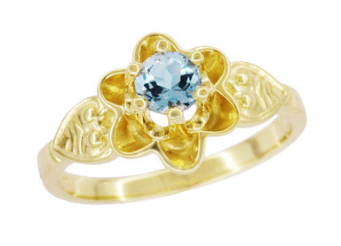 Victorian Flowers Solitaire Aquamarine Birthstone Engagement Ring in Yellow Gold