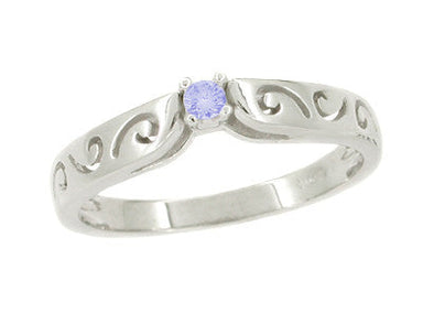 Filigree Scrolls 1980's Vintage Tanzanite Promise Ring in White Gold - R375TA