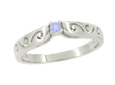 Filigree Scrolls 1980's Vintage Tanzanite Promise Ring in White Gold - R375TA