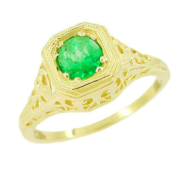 Art Deco Amenia Filigree Emerald Engagement Ring - 14 Karat Yellow Gold