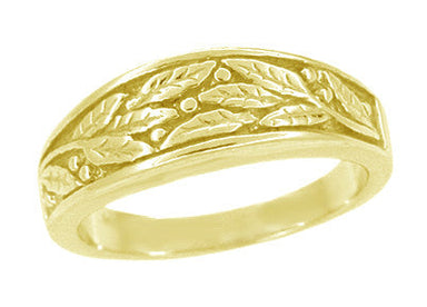 Elaia Mid Century Modern Sculptural Engraved Olive Leaves Ring in Yellow Gold - 6.1mm wide