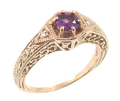 Art Deco Amethyst and Diamond Filigree Engraved Engagement Ring in 14 Karat Rose Gold