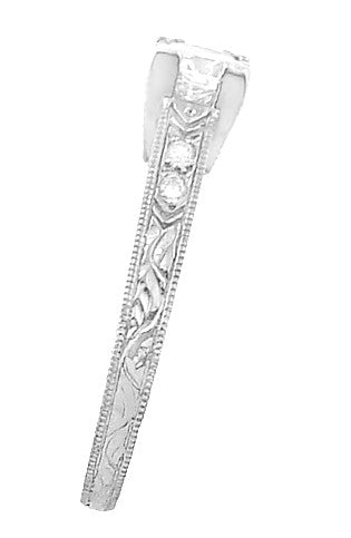 Art Deco Platinum Diamond Engagement Ring with 0.60 Carat Center Diamond in Hand Engraved Fishtail Setting - Item: R408D - Image: 3