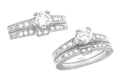 Art Deco Platinum Diamond Engagement Ring with 0.60 Carat Center Diamond in Hand Engraved Fishtail Setting - Item: R408D - Image: 5