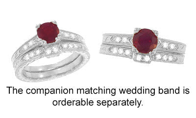 1920's Art Deco Ruby and Diamonds Engraved "Fishtail" Engagement Ring in White Gold - Item: R408W - Image: 4
