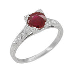 1920's Art Deco Ruby and Diamonds Engraved "Fishtail" Engagement Ring in White Gold