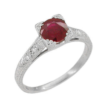 1920's Art Deco Ruby and Diamonds Engraved "Fishtail" Engagement Ring in White Gold