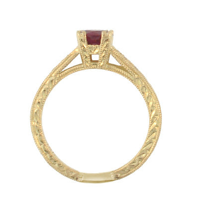 Yellow Gold Art Deco Engraved Ruby Engagement Ring with Side Diamonds - 14K or 18K - Item: R408Y - Image: 3