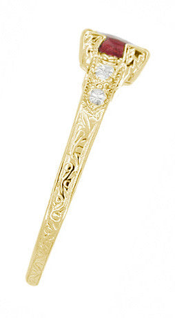 Yellow Gold Art Deco Engraved Ruby Engagement Ring with Side Diamonds - 14K or 18K - Item: R408Y - Image: 2