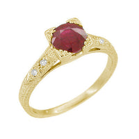 Yellow Gold Art Deco Engraved Ruby Engagement Ring with Side Diamonds - 14K or 18K