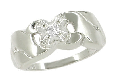 Vintage Retro Moderne Starburst Diamond Solitaire Wide Band Ring in 14 Karat White Gold