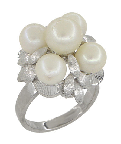 Retro Moderne Flowers and Leaves Vintage Pearl Cluster Ring in 14 Karat White Gold