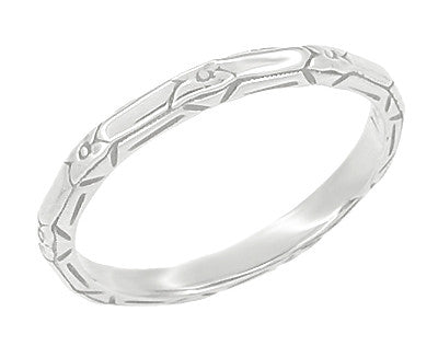 Vintage Inspired Art Deco Floral Geometric Carved Wedding Band in Platinum - SIze 6.5