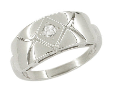 Wide Carved Vintage Retro Moderne Diamond Ring in 14K White Gold