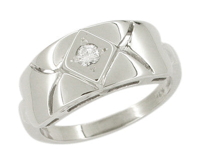 Wide Carved Vintage Retro Moderne Diamond Ring in 14K White Gold